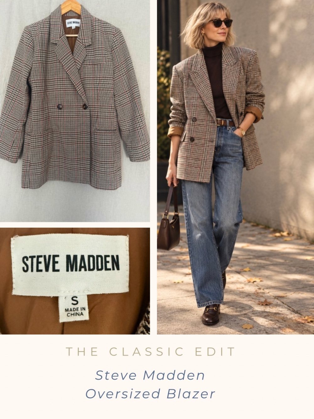 Steve Madden Women’s Plaid Double-Breasted Blazer Jacket Fall Oversized Lined